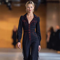 Versatile Long-Sleeve Flared Tassel Jumpsuit