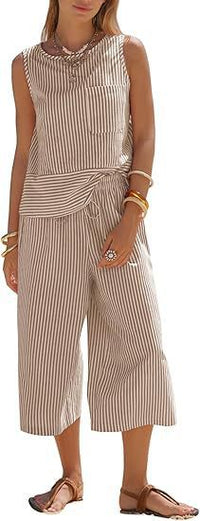 Womens Two-Piece Striped Sleeveless Top And Cropped Wide-Leg Pants Set