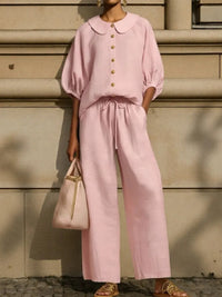 Fashionable Collar Shirt And Wide-Leg Pants Linen Two-Piece Set