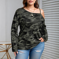 Plus-size Women's Solid-color Off-shoulder Long-sleeve T-shirt