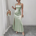 Neck-hanging Backless High-waisted Silk Slip Dress With A Slit And No Sleeves