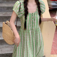 Green Plaid Drawstring Waist-Slimming Skirt