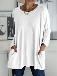 Spring And Summer New Round Neck Long Sleeve Loose Pockets Solid Color