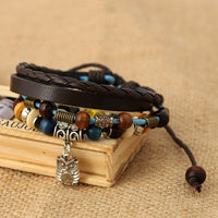 Retro Beaded Cowhide Adjustable Personalized Owl Pendant Leather Bracelet