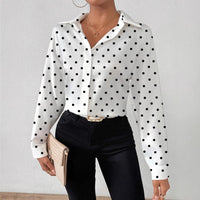 Womens Black And White Polka-Dot V-Neck Long-Sleeve Shirt