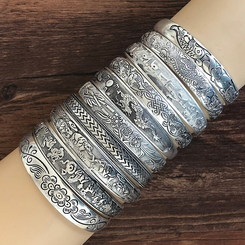 Retro Tibetan Silver Elephant Carved Bracelet Carving Dragon And Phoenix