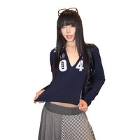 Womens Retro Streetwear Sporty V-Neck T-Shirt With Letter And Number Print