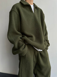 Lazy And Relaxing Army Green Collar Particle Velvet Men's Set