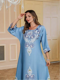 Elegant Floral Print Long Sleeve Abaya Dress