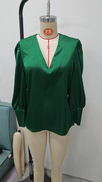 Womens Solid-Color V-Neck Silk Satin Long-Sleeve Shirt