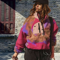 Loose Lapels Stitching Contrast Color Fleece Sweater