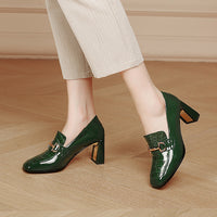 Green Patent Leather Chunky Heel Square Toe Slip-on Women's Shoes