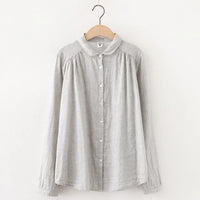 Womens Retro Small Lapel Double-Layer Cotton Yarn Long-Sleeve Shirt
