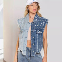 Splicing Beads Loose Women's Short Denim Vest
