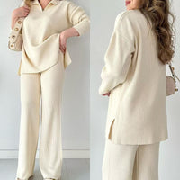 AutumnWinter New Style Fashion Solid Color Loose Hem Split Knit Sweater Two-Piece Set For Women