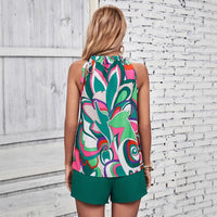 Womens Fashionable Casual Printed Strap Sleeveless Top And Shorts Set