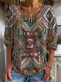 Womens Loose-fitting Geometric-print V-neck Long-sleeve Top