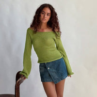 New Solid Color Slim-fit Bell Sleeve T-shirt With Boat Neck
