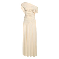 Elegant Off-the-Shoulder  Defined-Waist  Long  Solid-Colored Dress With A Slant Neckline