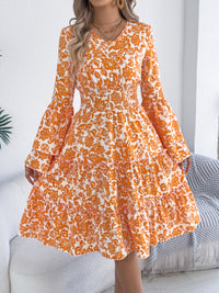 Women's Vintage Bell Sleeve Ruffle Trim Tie Waist A-Line Dress