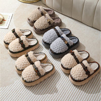 Winter Plush Slippers With Bow Button Design Indoor Non-slip Thick-soled Fur Home Slipper Fluffy Slides Household Warm Hose Shoes For Women