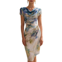 Elegant Abstract Print Pleated Boat-Neckline Holiday Dress