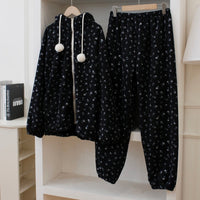 Lace Jacquard Sweet And Cute Coral Fleece Hooded Pajamas For Women