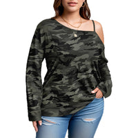Plus-size Women's Solid-color Off-shoulder Long-sleeve T-shirt