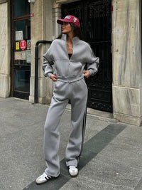 Contrast-color Sweatshirt Cardigan And Pants Set For Women