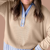 Oversized Striped Knit Turtleneck Top With Parchment Color And Contrast Trim