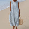Pocketed Crew-neck Dress With Geometric And Floral Elements