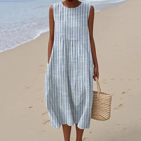 Pocketed Crew-neck Dress With Geometric And Floral Elements
