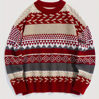 Pullover Round Neck Long Sleeves Contrast Color Diamond Patterns Sweater