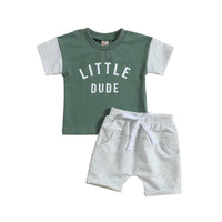 Children's Round Neck Letter Print Top Solid Color Shorts Two-piece Set