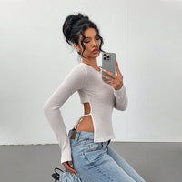 Waist-baring Belt-detailed Slim-fit Long-sleeve Top
