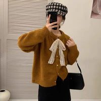 New Lace Lace-up Round Neck Heart Buckle Long Sleeve Plush Knitted Cardigan