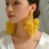 Bohemian Handmade Fabric Chiffon Flower Dangle Earrings For Women Tropical Beach Vacation Party Oversized Statement Jewelry