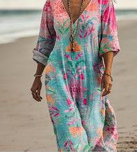 Womens Floral V-Neck Short-Sleeve Dress
