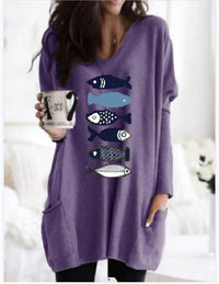 Womens Loose Plus-Size Casual Pullover Top With Long Sleeves And Print
