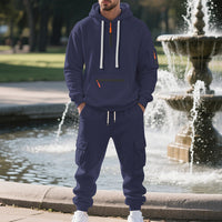 Men's Loose Sports And Leisure Suit Sweater Fleece-lined Hoodie Set Zipper Multi-Pocket Pullover Men's Sports Casual Top Two-piece Set