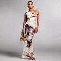 Printed Sleeveless Pleated One-Shoulder Slim-fit Maxi Dress