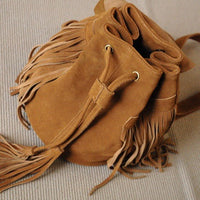 Matte Cowhide Suede Tassel Drawstring Backpack
