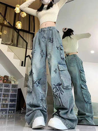 Retro Cartoon Graffiti Loose Denim Trousers Women