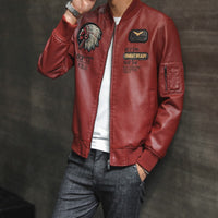 Men's PU Leather Baseball Collar Embroidered Motorcycle Jacket