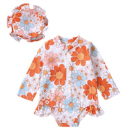 Girls Flower Print Sun Hat Sunscreen Swimsuit Suit