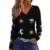 Sun Moon Star Butterfly Graphic Breathable Printed V-neck Long Sleeve T-shirt