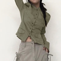 Womens Retro Buttoned Waist-Cinching Stand-Up Collar Coat