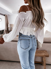 Elegant Ruffle Off-the-shoulder Sling Crossover Tops High-waist Blouse