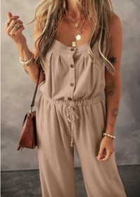 Pale Khaki Knotted Straps Button Textured Drawstring Jumpsuit