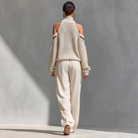 Womens Long-Sleeve Turtleneck Top And Pants Two-Piece Set